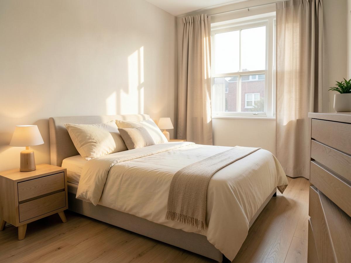 Furnished bedroom with bed, nightstand and dresser