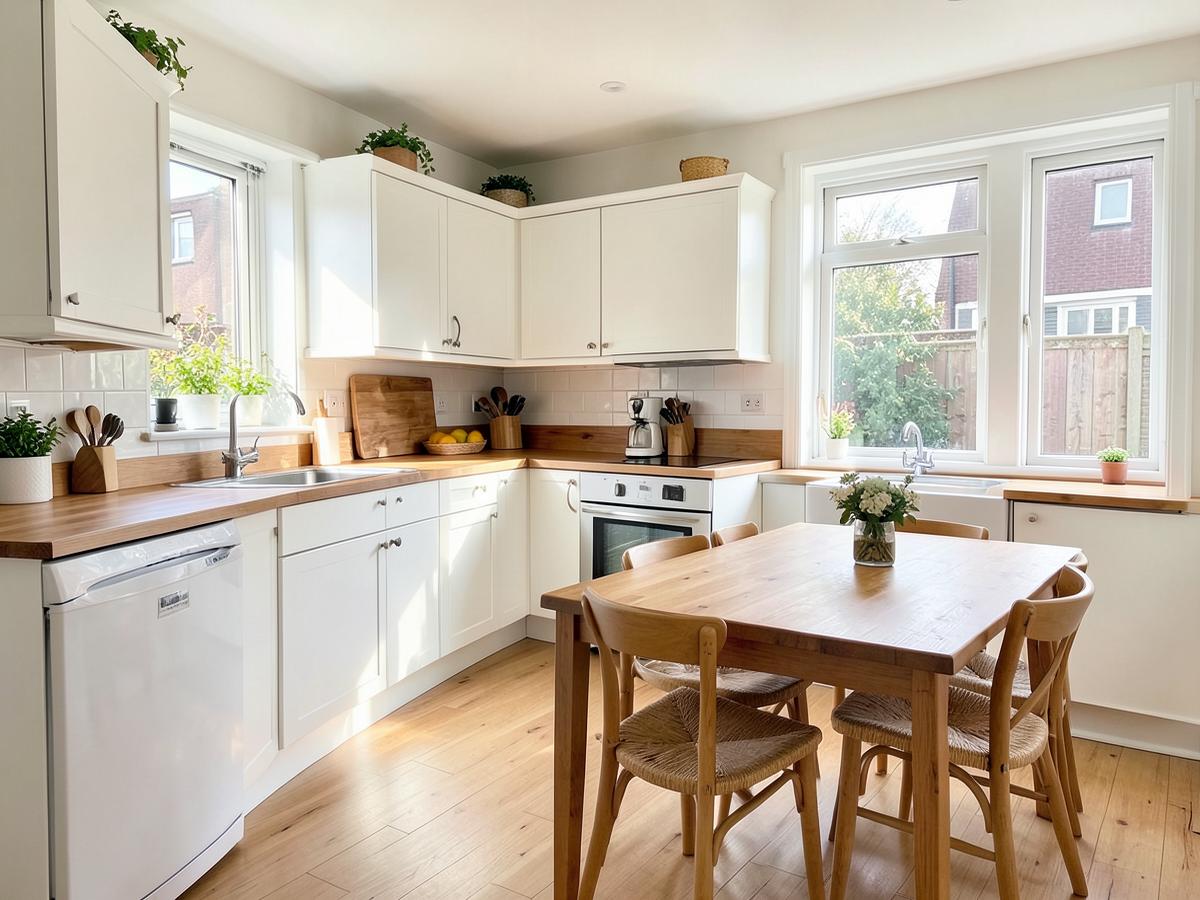 Clean shared kitchen with dining table